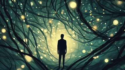 Poster - Silhouette stands beneath tangled branches illuminated with glowing orbs