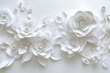 Wall Mural - White paper flowers art with gem centers, arranged on a textured surface; for background design