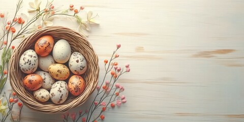 Wall Mural - Decorative basket of colorful eggs surrounded by flowers on a wooden surface in a cozy spring setting