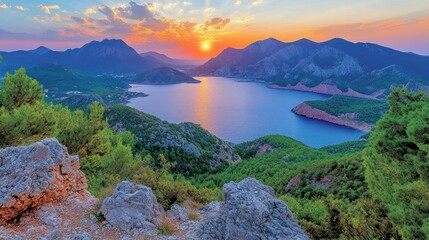 Sticker - Majestic sunset over a tranquil mountain lake