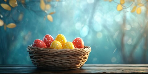 Wall Mural - Colorful Easter eggs in a basket resting on a wooden table surrounded by a mystical forest environment