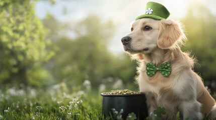 Wall Mural - cute dog wearing a green bow tie and a tiny shamrock hat