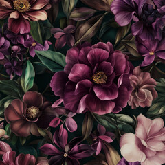 Wall Mural - A sophisticated floral illustration with large, dramatic blooms like camellias, orchids, and magnolias. The deep colors of wine, lavender, and emerald green create an elegant, luxurious design.