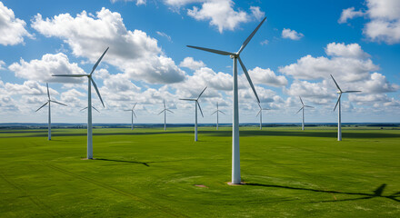 Green energy wind turbines sustainable power generation field landscape bright sunny day clean energy alternative energy on transparent background eco