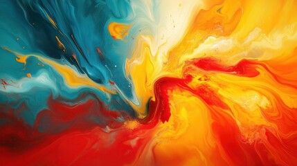 Poster - Abstract swirling fluid art in red, yellow, and teal with dynamic color flow