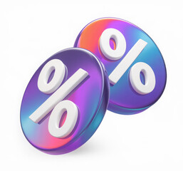 3d glass holographic falling circle sale tag or label with percent sign render. Rainbow crystal round shopping discount badge with pink blue gradient. Offer, price, bank interest rate. 3D illustration