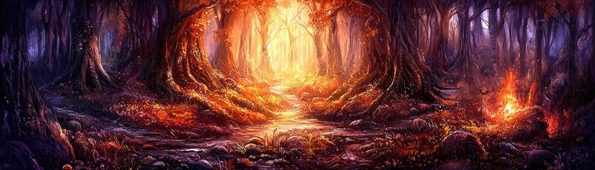 Poster - Enchanted forest path, glowing sunset, campfire background, fantasy game art