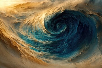 Wall Mural - Abstract swirling vortex of teal and gold, resembling a cosmic ocean or desert landscape.