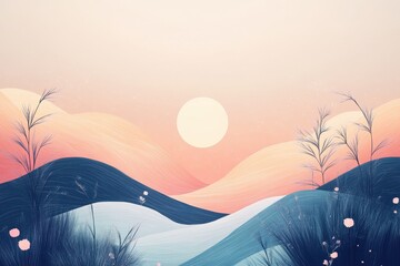 Wall Mural - Serene landscape showcases gentle rolling hills with the sun above