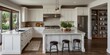 © RaksaLinggo - Modern White Kitchen Island with Granite Countertops and Stools
