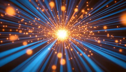 Wall Mural - abstract background with blue and orange bokeh effect, radial lines emanating from bright center