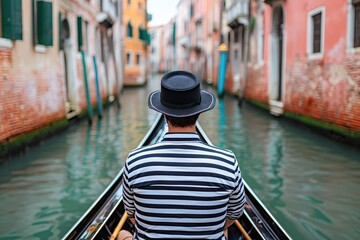 National Dress day. A gondolier navigates a serene canal in Venice, surrounded by colorful buildings.