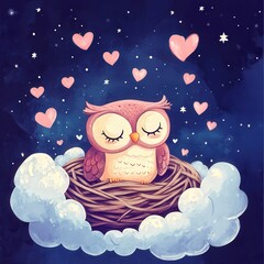 cute cartoon owl in dreamy nest whimsical pastel night sky illustration