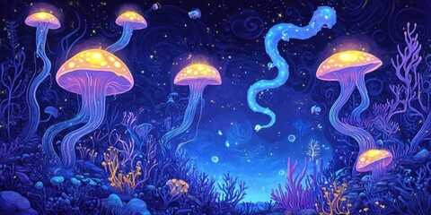 Sticker - Illuminated mushrooms and surreal glowing creatures inhabit an alien landscape