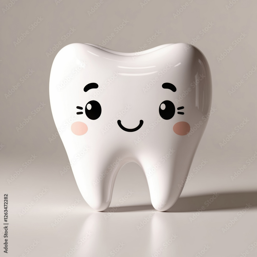 Cute 3D tooth character with big eyes and a cheerful smile. Glossy ...