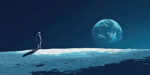Wall Mural - astronaut stands on lunar surface gazing at earth