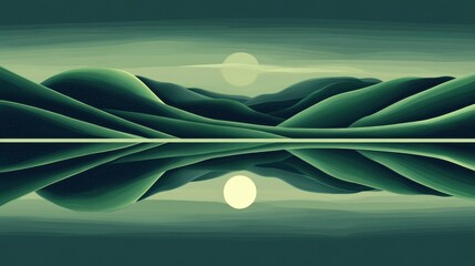 Wall Mural - Green hills are reflected in a lake under a sun