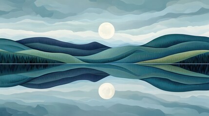 Wall Mural - Serene landscape reflection featuring hills moon and cloudy sky