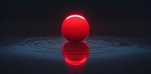 Poster - Luminous red sphere sits on reflective water surface