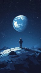 Wall Mural - astronaut stands on alien planet looking at earth like planet
