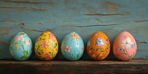 Colorful hand-painted eggs arranged on a rustic wooden surface for a festive spring celebration