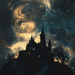 Poster - Silhouette of a grand castle against a mystical starry sky