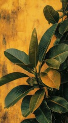 Wall Mural - Lush foliage against a textured yellow wall