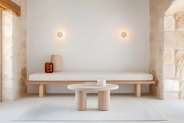 Wall Mural - Minimalist interior with seating. Vases and lights adorn a beige and white room. Generative AI