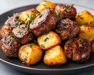 Potatoes and meatballs with thyme for lunch on a dish, food photography. Generative AI