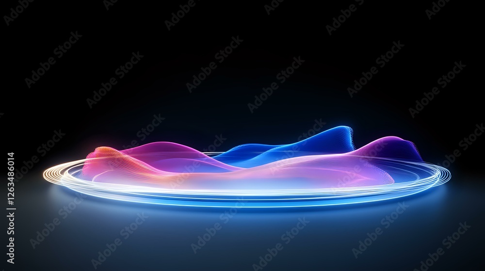 Glowing neon waves create abstract light trails on dark background ...