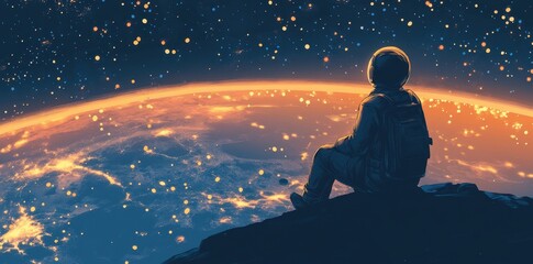 Wall Mural - astronaut sits contemplating the earth from a distant vantage point