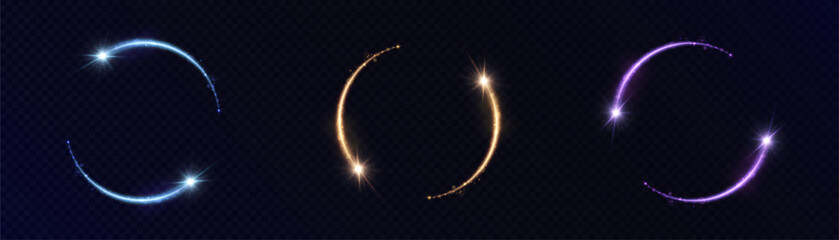 Leinwandbilder - Abstract light effect of glowing dust moving in a circle on a transparent background. Golden frame with space for text.