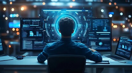 A programmer sits before multiple monitors displaying complex data streams and code, working late at night in a brightly lit office.
