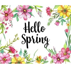  Floral Watercolor Border with ‘Hello Spring’ Text, Pink and Yellow Flowers