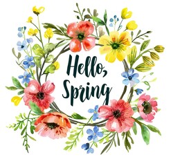  Elegant Floral Wreath with ‘Hello Spring’ Typography in Bright Colors