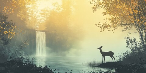 Wall Mural - Silhouette of a deer near lake and waterfall backdrop