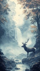 Wall Mural - Majestic deer stands near misty waterfall in serene forest