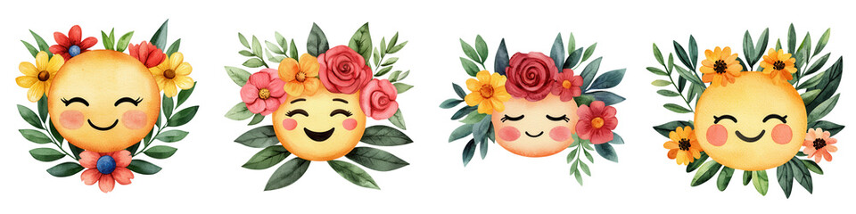 Wall Mural - Happy emojis with floral arrangements , isolated on transparent background