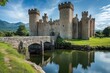 © PinkiePie - A fortified medieval castle with towering stone walls and a drawbridge over a deep moat