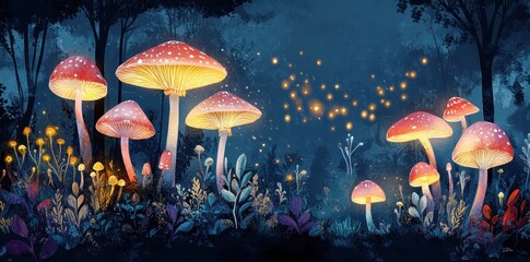 Wall Mural - Enchanted forest scene with glowing mushrooms and fireflies