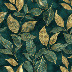 Wall Mural - A luxurious leaf illustration with gold-leaf detailing on deep forest green leaves. The sophisticated design, with its opulent metallic highlights, is ideal for high-end interior and fashion designs.