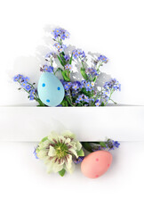 Wall Mural - Easter decoration. Blue flowers forget-me-not and white flower hellebore, Easter eggs and white paper card with space for text on a white background. Top view, flat lay