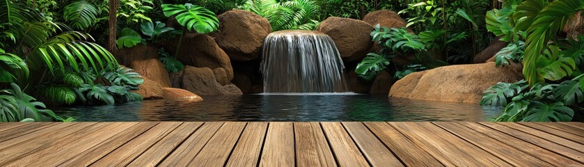 Sticker - Tropical Waterfall Pool Deck, Lush Foliage Background, Relaxation Scene