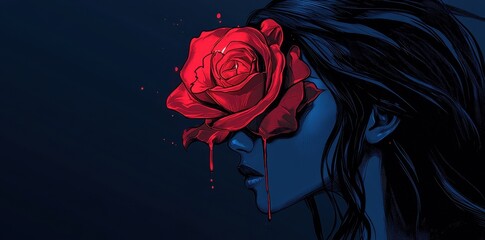 Wall Mural - Artistic depiction of a woman with a rose covering her eye