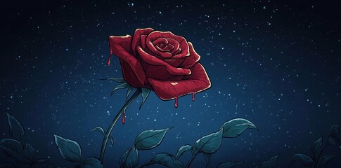 Poster - Single red rose with droplets against starry night background