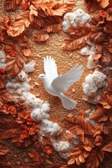 Canvas Print - White dove in flight, surrounded by autumn leaves and clouds. Serene autumn scene.