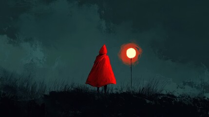 Wall Mural - Woman in red cloak stands near a glowing light