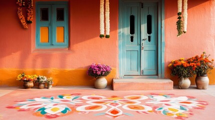 Vibrant flowers adorn a painted floor in front of a teal door and orange walls.