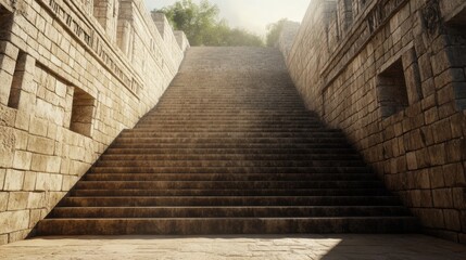 Wall Mural - Ancient stone staircase ascending towards sunlight, jungle backdrop; historical travel stock photo