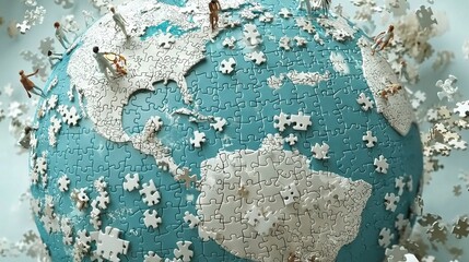 Wall Mural -   Close-up photo of a puzzle on top of a blue-white planet with snowflakes